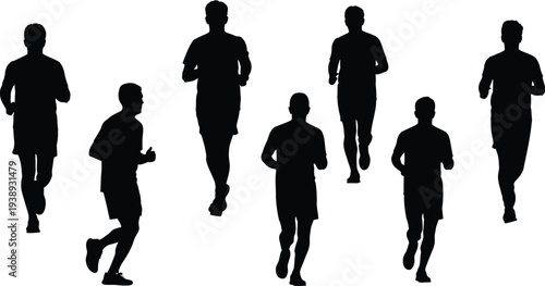 Collection of seven modern fashion apparel silhouettes, black vector icons of trench coats, leather jackets, and stylish dresses isolated on white.