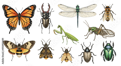 Collection of Diverse Insects Including Butterflies Beetles Dragonflies and Bees on a White Background
