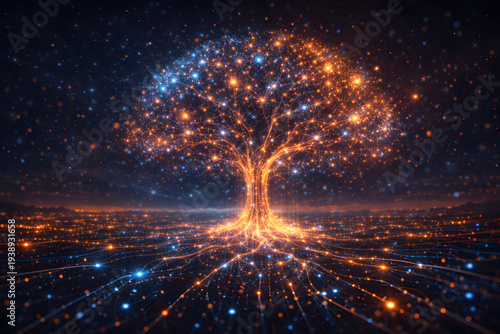 Glowing tree formed by digital network connections and data nodes symbolizing growth of technology, artificial intelligence and expanding information systems.