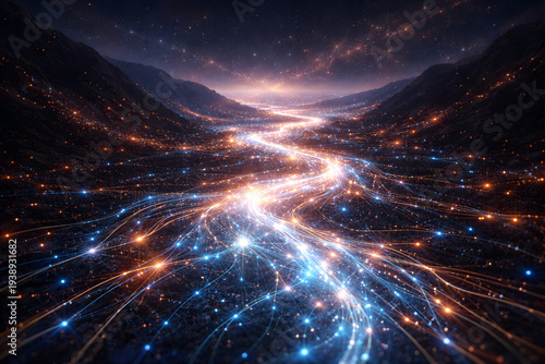 Abstract luminous stream of connected data nodes flowing through a valley landscape symbolizing data flow, communication networks and digital information systems.