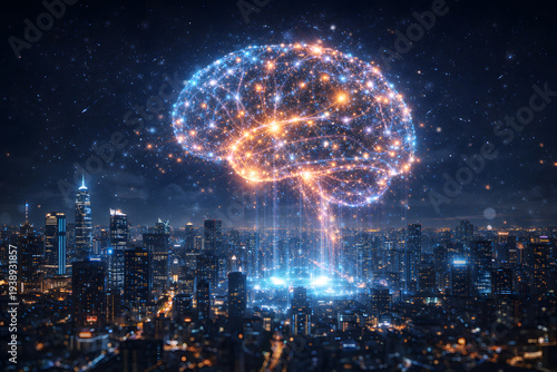 Massive glowing artificial intelligence brain hovering above modern city skyline symbolizing smart cities, big data systems and advanced digital infrastructure.