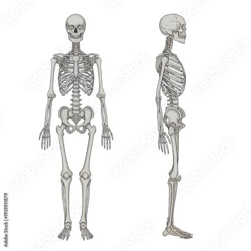 Detailed human skeletal system illustration featuring anterior and lateral views, ideal for anatomical study and educational resources, presenting core bone structure and medical context