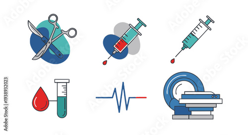 Medical icons representing healthcare, research, and diagnostic equipment, including surgical instruments, blood tests, and MRI machines