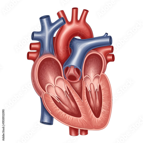 Anatomical illustration of a human heart showing its chambers, valves, and major blood vessels in a cross-section