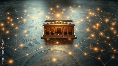 Bank building with glowing network connections representing financial technology and digital banking services online transactions and security