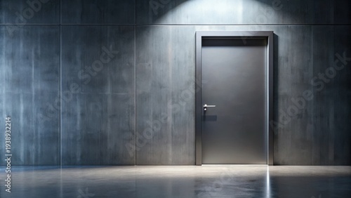 Modern minimalist interior design featuring a single closed door set against a textured wall under dramatic lighting