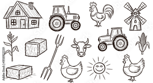 Charming hand drawn sketch of a farm scene with barn tractor rooster hen cow sun and crops on a white background