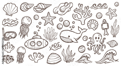 Whimsical Hand Drawn Underwater Ocean Life Collection Featuring Whales Octopuses Jellyfish and Corals