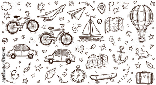 Doodle style collection of travel and transportation icons and elements for adventure and exploration themes