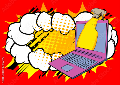 Cartoon Laptop, comic book Notebook with Spray Bottle. Retro vector comics pop art design.