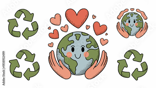 Earth with smiling face surrounded by recycling symbols and hearts conveying eco friendly love and care for the planet
