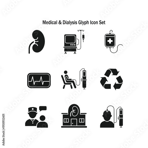 Medical and Dialysis Glyph Icon Set for Healthcare and Clinical Treatment