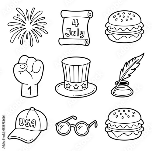 American Independence Day Doodle Fireworks, Burgers, and Patriotic Symbols
