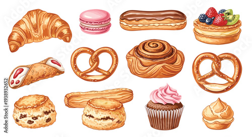 Assortment of Delicious Baked Pastries and Desserts Including Croissants Muffins Macarons and Eclairs on a White Background