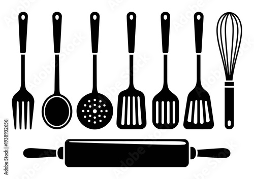 Black Silhouette of Kitchen Utensils and Rolling Pin on White Background