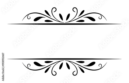Black Flourish Divider with Swirls and Leaves on White Background