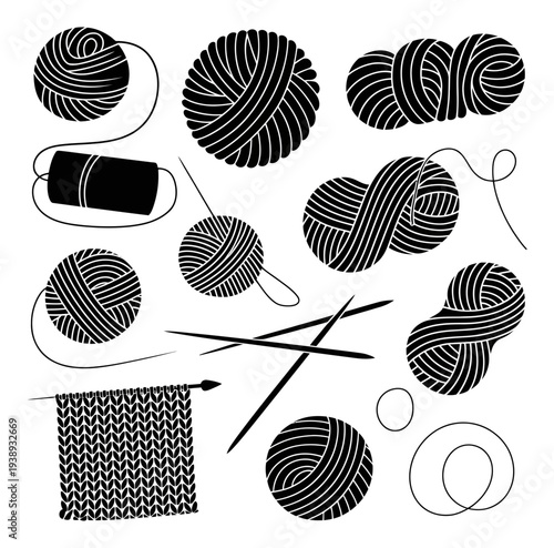 Black Silhouette of Yarn Balls, Knitting Needles, and Knitted Fabric