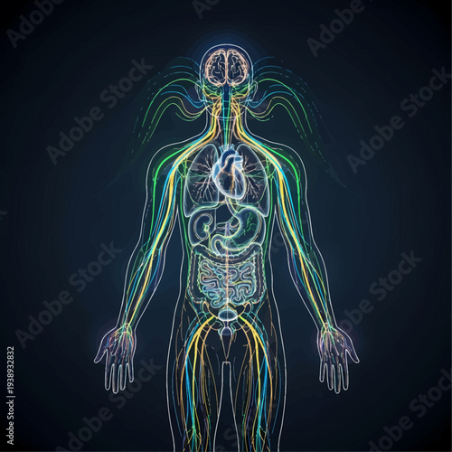 Glowing digital human anatomy concept, showcasing intricate nervous, circulatory systems, and vital internal organs, illustrating biological processes and connectivity
