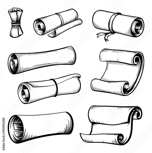 Collection of Hand-Drawn Scrolls and Parchments in Black and White