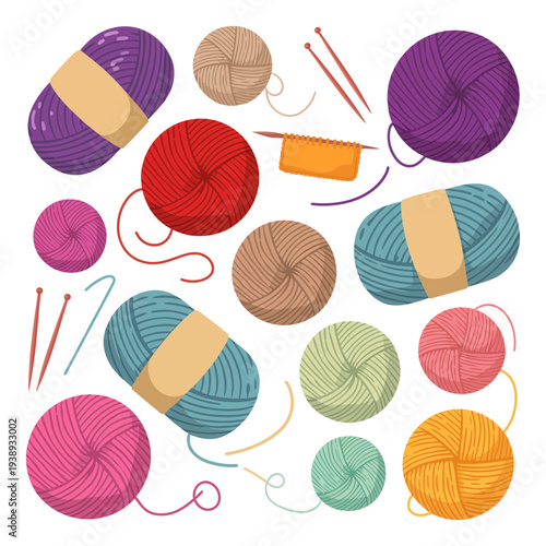 Colorful Yarn Balls and Knitting Needles Collection