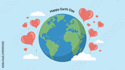 Happy earth day globe with green continents and blue oceans surrounded by floating red hearts and white clouds on light blue background