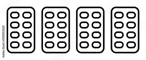 Four blister packs of pills, medical packaging, healthcare