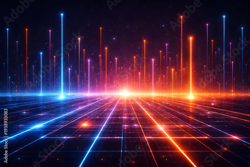 Colorful digital landscape with glowing grid and vertical light beams symbolizing data transmission, artificial intelligence systems and advanced computing networks.