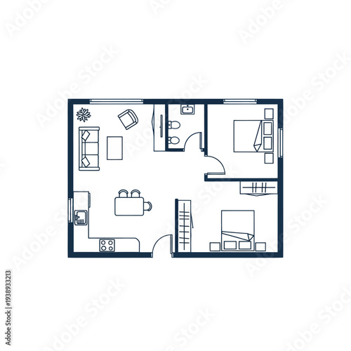 Residential apartment floor plan with furniture icons blueprint