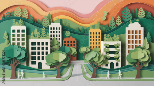 Cityscape with buildings trees and road in a natural landscape with colorful sky