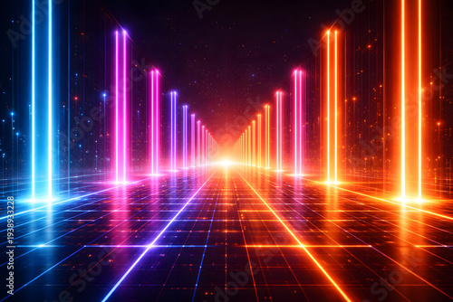 Glowing neon columns and digital grid forming a futuristic corridor representing high speed data transfer, artificial intelligence networks and cyber technology.