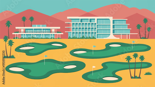 Golf course with modern building and palm trees in desert landscape with mountains