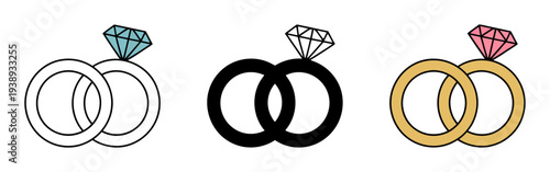 Three stylized wedding rings with diamonds in different colors and styles