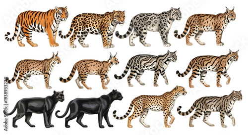 Diverse collection of wild feline species showcasing their unique patterns and forms in a clear illustrative style