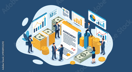 Professional business team celebrates a successful financial agreement with piles of cash coins and various growth data charts.