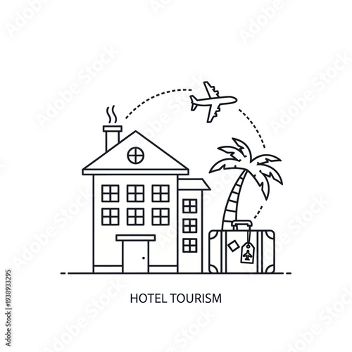 Hotel tourism concept with building, airplane, palm tree, luggage
