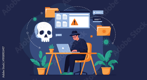 Mysterious hacker wearing a hat and glasses works on a laptop to perform a cyber attack with viruses and data breach icons around him.