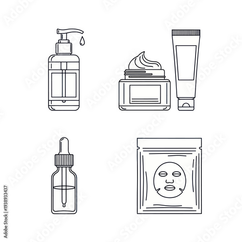 Set of various line art cosmetic and skincare product icons