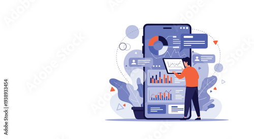 Professional analyst uses a digital tablet to examine various business graphs and data visualizations displayed on a giant mobile phone.