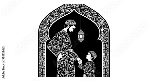 Vector illustration of a father and son in traditional Middle Eastern clothing