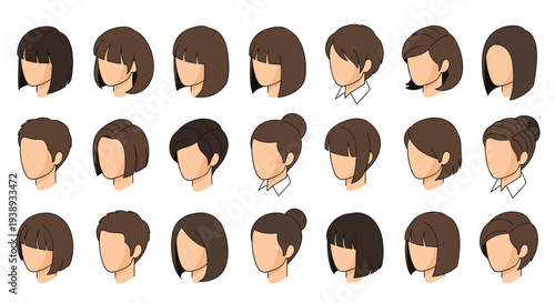 Grid of various isometric female head icons showcasing different brown hair styles and cuts for character customization and avatar creation.