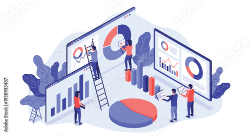 Team of data analysts works together to interpret complex information using large digital screens with pie charts and bar graphs.