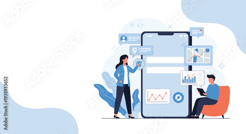 Two business colleagues use a large mobile interface to analyze corporate data and visualize performance metrics using different charts.