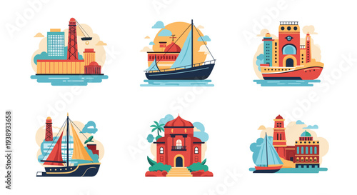 Collection of maritime icons and coastal architecture includes various sailing vessels historic buildings and lighthouse structures.
