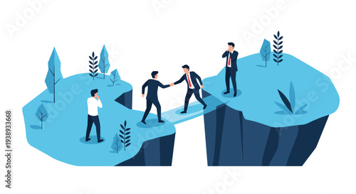 Two businessmen in suits shake hands over a deep chasm to symbolize a successful bridge of partnership and overcoming difficult obstacles.
