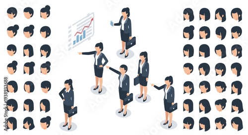Businesswoman character kit provides several isometric poses and various head options for creating a custom professional female figure.