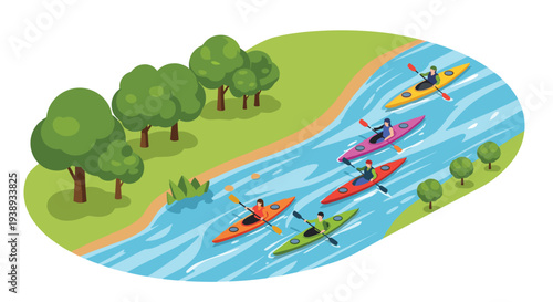Group of people in colorful kayaks paddles down a blue river surrounded by green trees and grass in a beautiful outdoor landscape scene.
