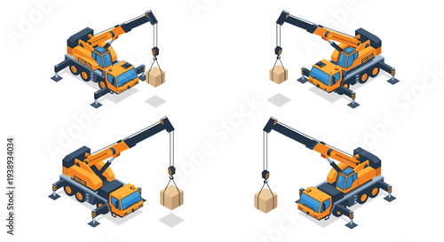 Industrial construction crane truck shown from four different isometric angles while lifting a heavy crate for logistics operations.