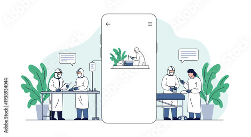 Scientific research team performing laboratory experiments and medical analysis displayed through a modern mobile device interface.