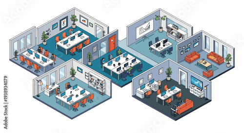 Comprehensive isometric layout of a large corporate office facility with various departments, meeting rooms, and comfortable lounge areas.