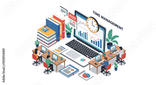 Group of dedicated employees working around a giant laptop and clock to manage their business projects and meeting urgent deadlines.